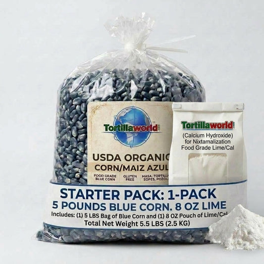 Blue USDA Certified Organic Dried Dent Corn-Nixtamal Starter Kit/5 lb Bag of Corn + 8 oz. of Cal