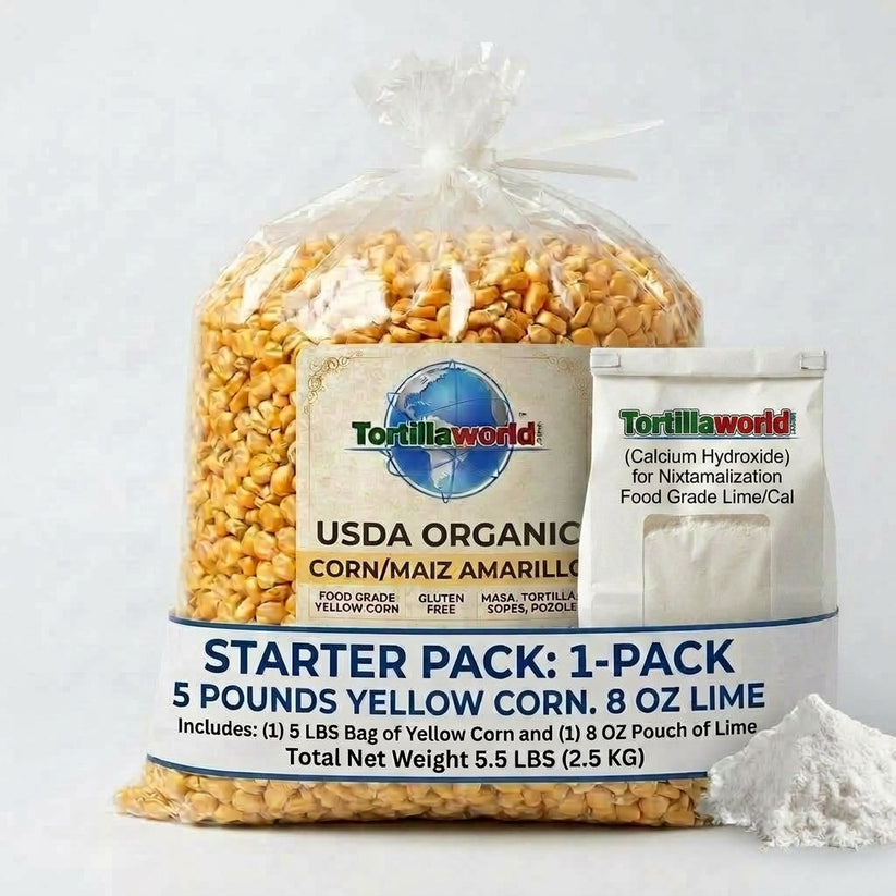Yellow USDA Certified Organic Corn-Nixtamal Starter Kit = 5 lb bag of corn plus 8 oz. of cal