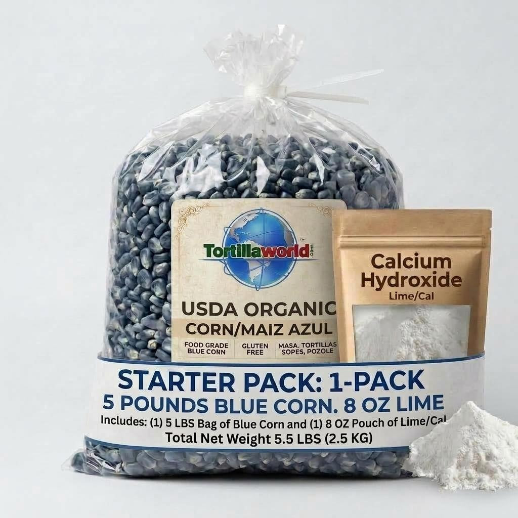 USDA organic blue corn nixtamal starter kit with 5 lb corn bag and calcium hydroxide