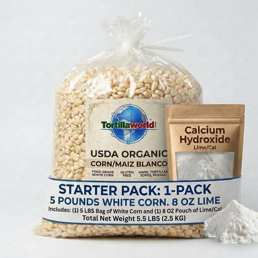 USDA organic white corn nixtamal starter kit with 5 lb corn bag and calcium hydroxide
