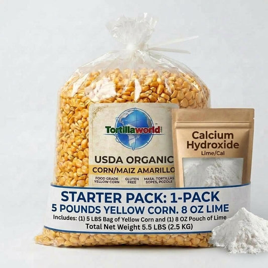 USDA organic yellow corn nixtamal starter kit with 5 lb corn bag and calcium hydroxide